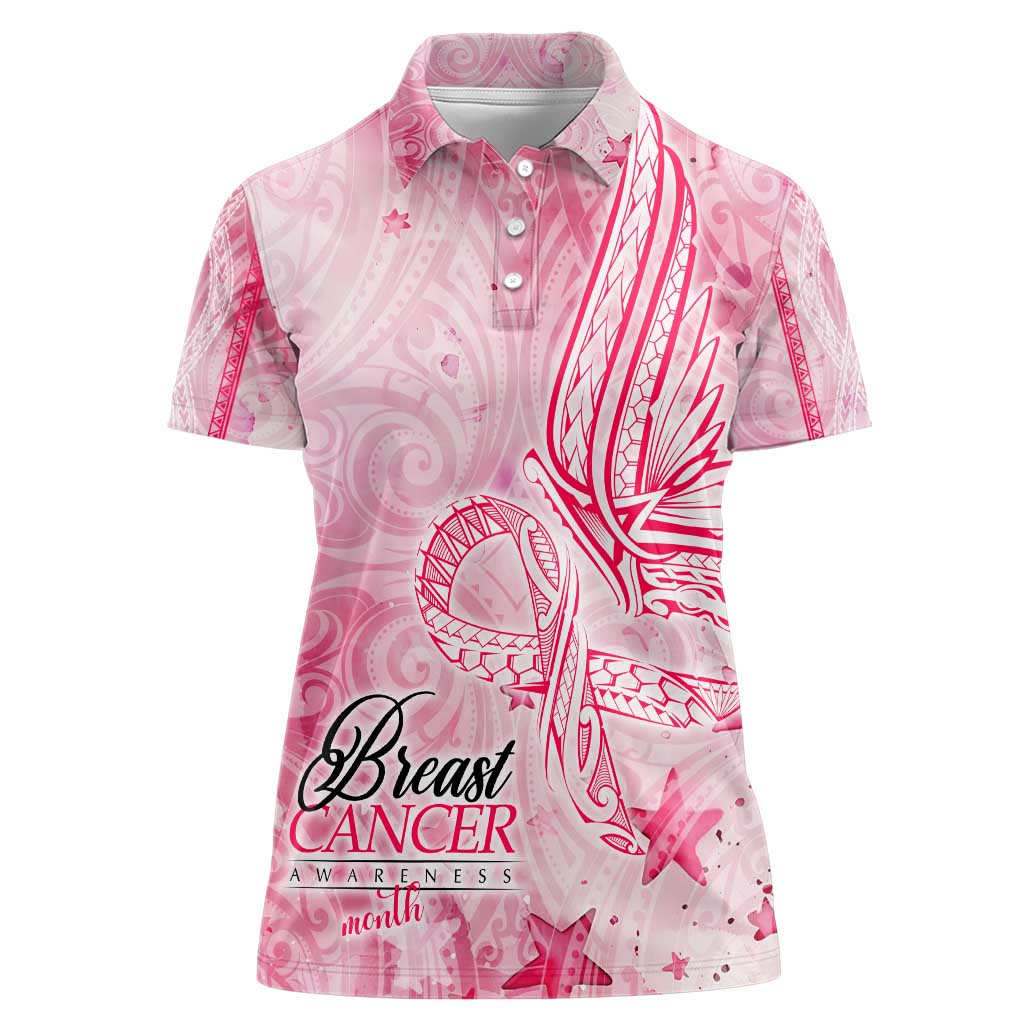 Breast Cancer Awareness Month Women Polo Shirt Butterfly Polynesia Watercolor Pink