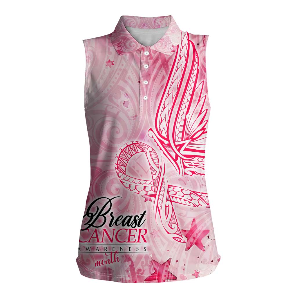 Breast Cancer Awareness Month Women Sleeveless Polo Shirt Butterfly Polynesia Watercolor Pink