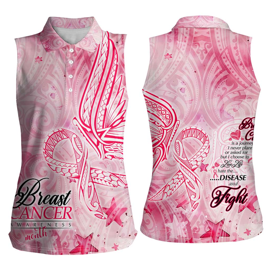 Breast Cancer Awareness Month Women Sleeveless Polo Shirt Butterfly Polynesia Watercolor Pink