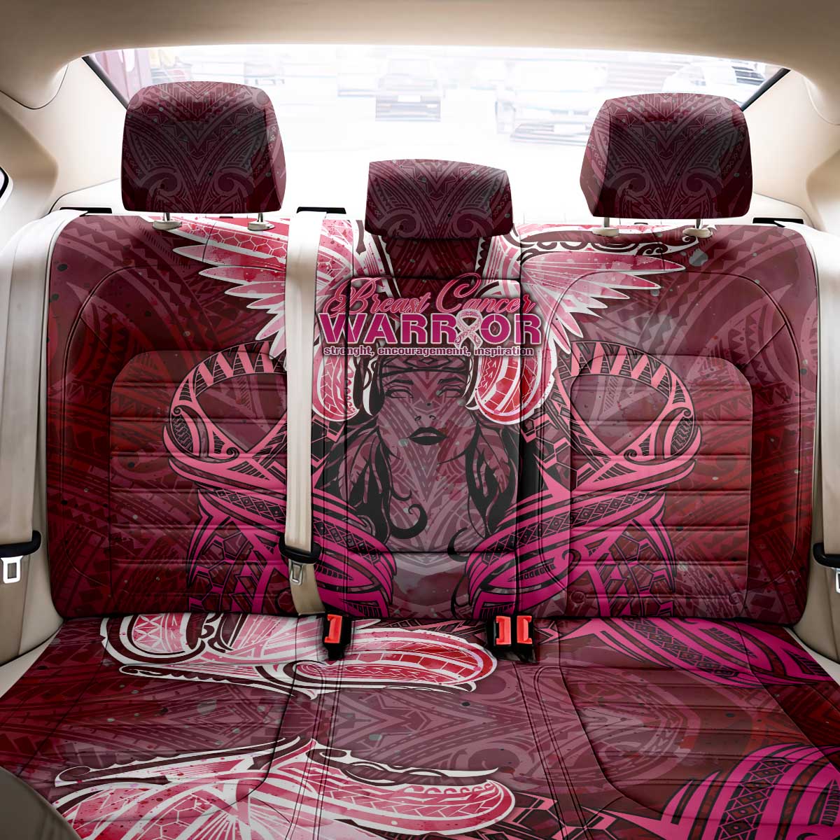 Breast Cancer Warrior Back Car Seat Cover Angel Wings Polynesian Pattern