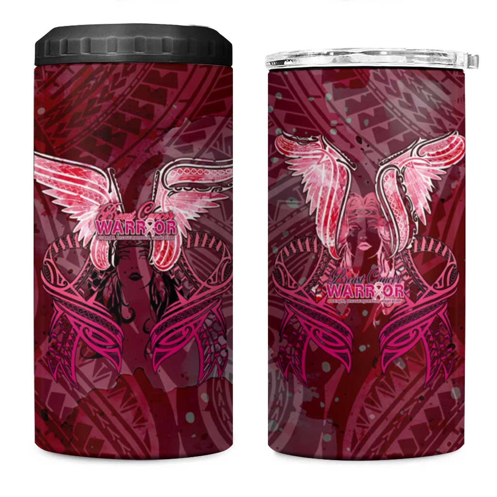 Breast Cancer Warrior 4 in 1 Can Cooler Tumbler Angel Wings Polynesian Pattern