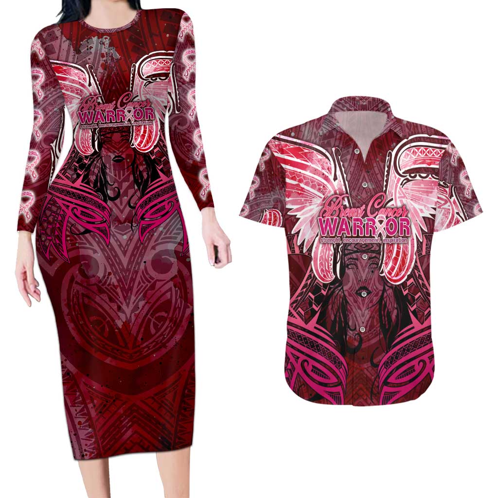 Breast Cancer Warrior Couples Matching Long Sleeve Bodycon Dress and Hawaiian Shirt Angel Wings Polynesian Pattern
