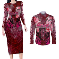 Breast Cancer Warrior Couples Matching Long Sleeve Bodycon Dress and Long Sleeve Button Shirt Angel Wings Polynesian Pattern DT02 Pink - Polynesian Pride