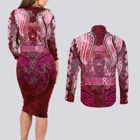 Breast Cancer Warrior Couples Matching Long Sleeve Bodycon Dress and Long Sleeve Button Shirt Angel Wings Polynesian Pattern DT02 - Polynesian Pride