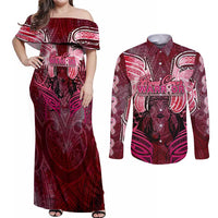 Breast Cancer Warrior Couples Matching Off Shoulder Maxi Dress and Long Sleeve Button Shirt Angel Wings Polynesian Pattern DT02 Pink - Polynesian Pride