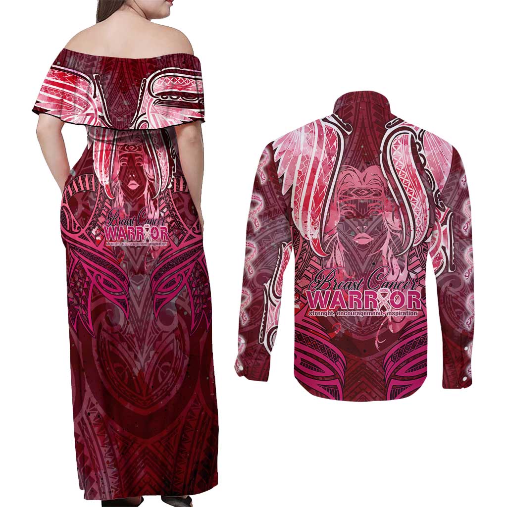 Breast Cancer Warrior Couples Matching Off Shoulder Maxi Dress and Long Sleeve Button Shirt Angel Wings Polynesian Pattern DT02 - Polynesian Pride