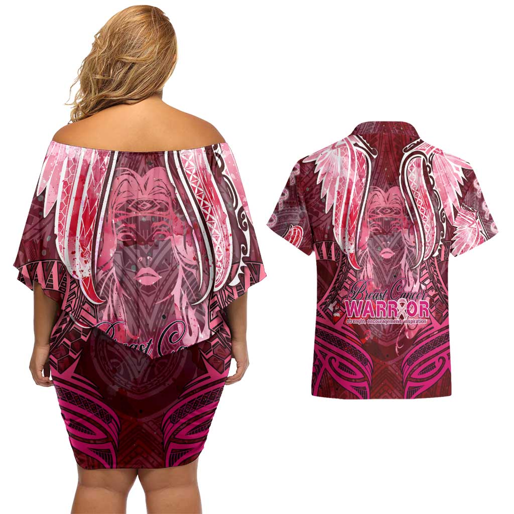 Breast Cancer Warrior Couples Matching Off Shoulder Short Dress and Hawaiian Shirt Angel Wings Polynesian Pattern