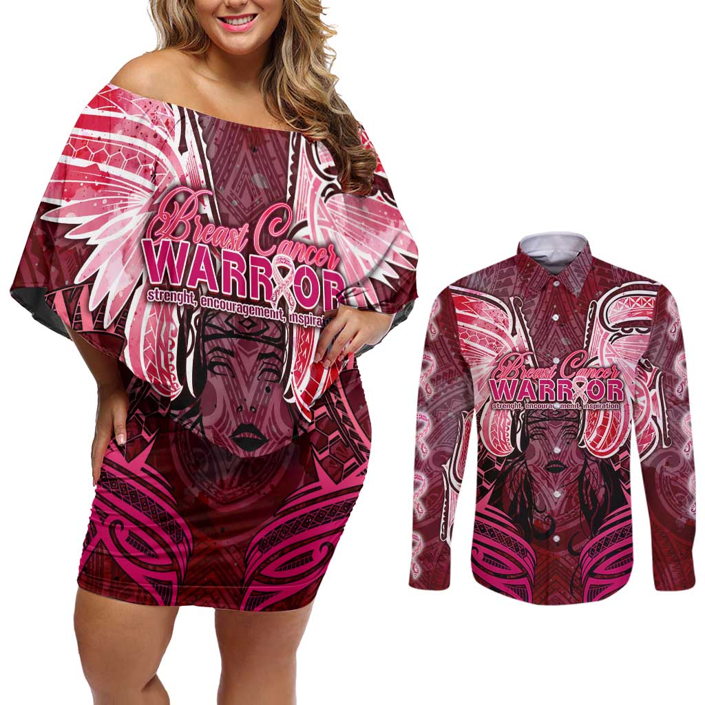 Breast Cancer Warrior Couples Matching Off Shoulder Short Dress and Long Sleeve Button Shirt Angel Wings Polynesian Pattern DT02 Pink - Polynesian Pride