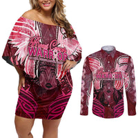 Breast Cancer Warrior Couples Matching Off Shoulder Short Dress and Long Sleeve Button Shirt Angel Wings Polynesian Pattern DT02 Pink - Polynesian Pride