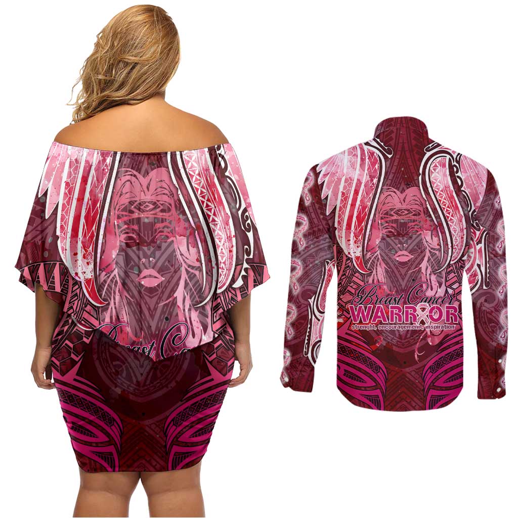 Breast Cancer Warrior Couples Matching Off Shoulder Short Dress and Long Sleeve Button Shirt Angel Wings Polynesian Pattern DT02 - Polynesian Pride
