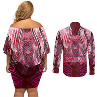 Breast Cancer Warrior Couples Matching Off Shoulder Short Dress and Long Sleeve Button Shirt Angel Wings Polynesian Pattern DT02 - Polynesian Pride