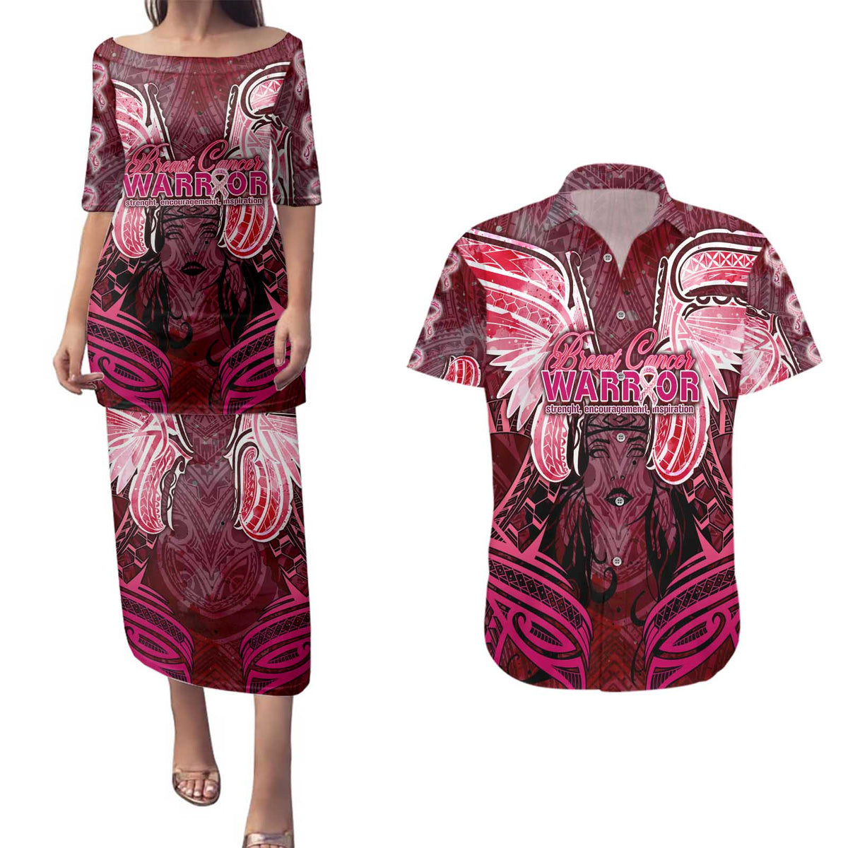 Breast Cancer Warrior Couples Matching Puletasi and Hawaiian Shirt Angel Wings Polynesian Pattern