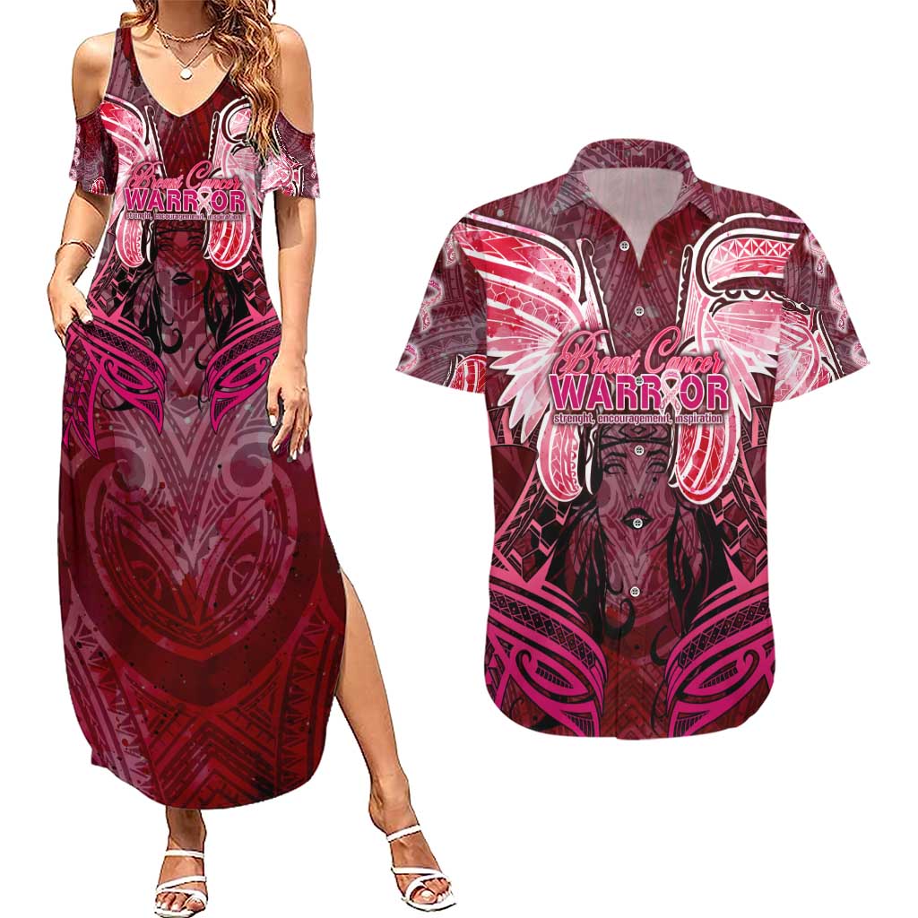 Breast Cancer Warrior Couples Matching Summer Maxi Dress and Hawaiian Shirt Angel Wings Polynesian Pattern