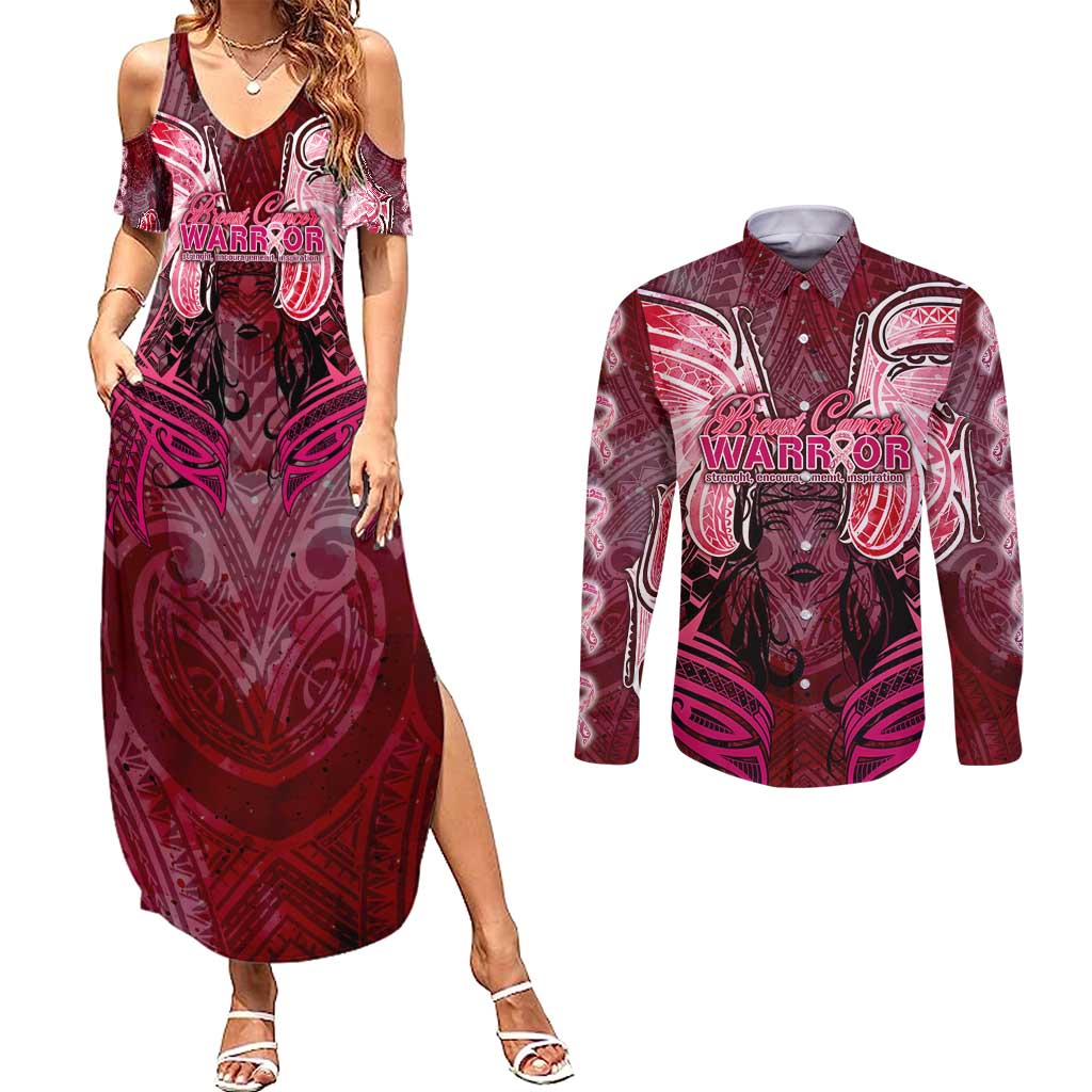 Breast Cancer Warrior Couples Matching Summer Maxi Dress and Long Sleeve Button Shirt Angel Wings Polynesian Pattern DT02 Pink - Polynesian Pride