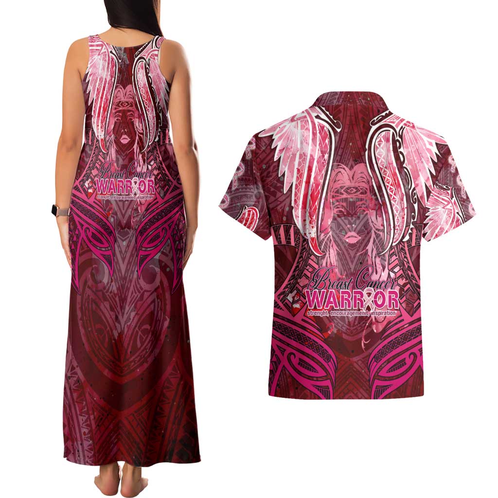 Breast Cancer Warrior Couples Matching Tank Maxi Dress and Hawaiian Shirt Angel Wings Polynesian Pattern