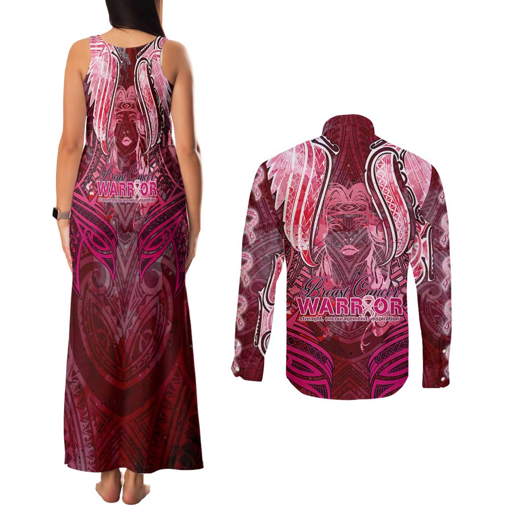 Breast Cancer Warrior Couples Matching Tank Maxi Dress and Long Sleeve Button Shirt Angel Wings Polynesian Pattern DT02 - Polynesian Pride