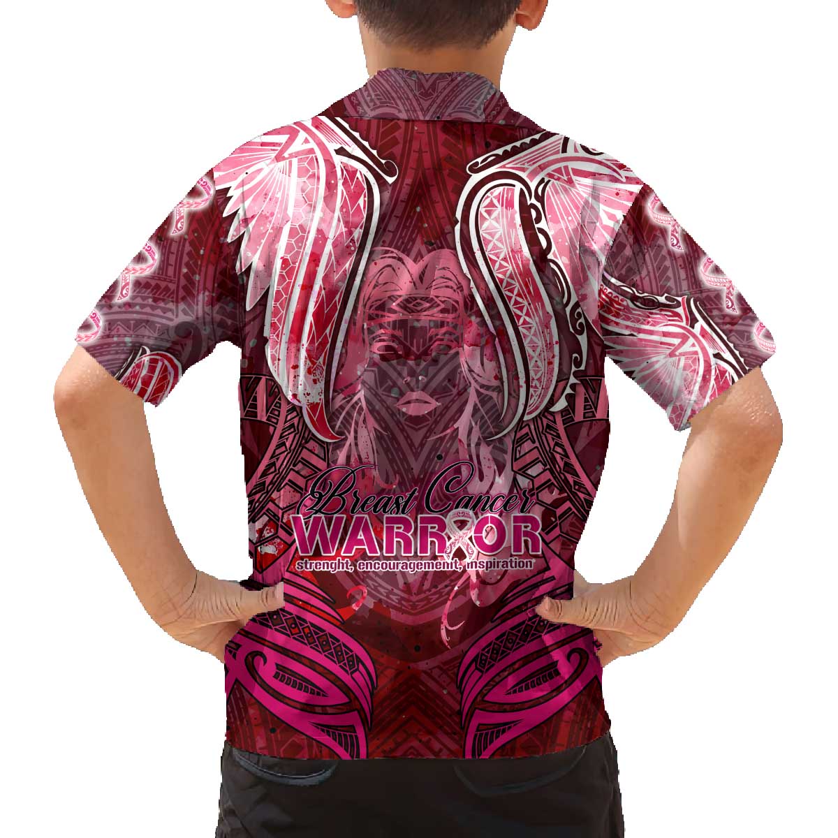 Breast Cancer Warrior Family Matching Off The Shoulder Long Sleeve Dress and Hawaiian Shirt Angel Wings Polynesian Pattern