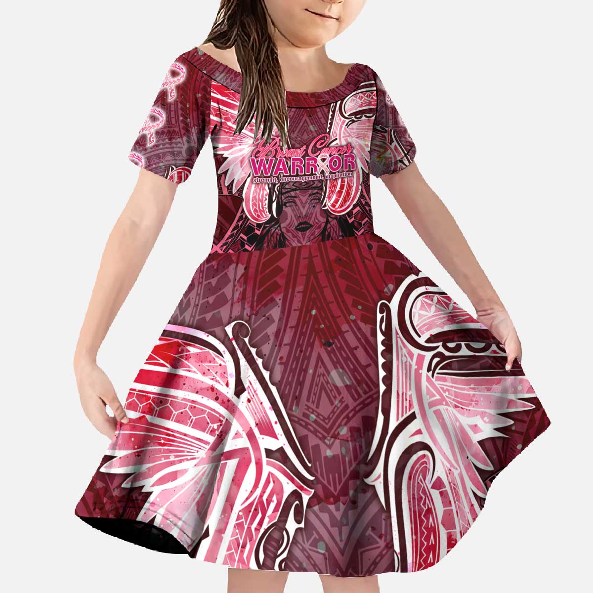 Breast Cancer Warrior Family Matching Off The Shoulder Long Sleeve Dress and Hawaiian Shirt Angel Wings Polynesian Pattern