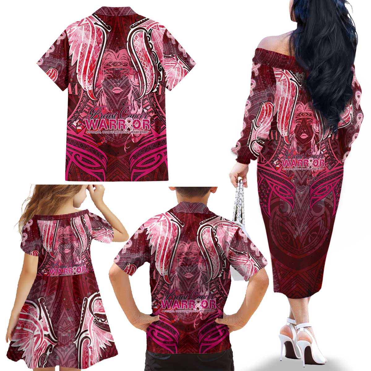 Breast Cancer Warrior Family Matching Off The Shoulder Long Sleeve Dress and Hawaiian Shirt Angel Wings Polynesian Pattern