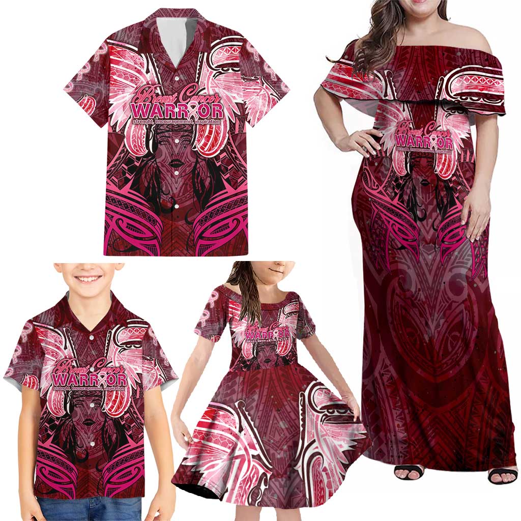 Breast Cancer Warrior Family Matching Off Shoulder Maxi Dress and Hawaiian Shirt Angel Wings Polynesian Pattern