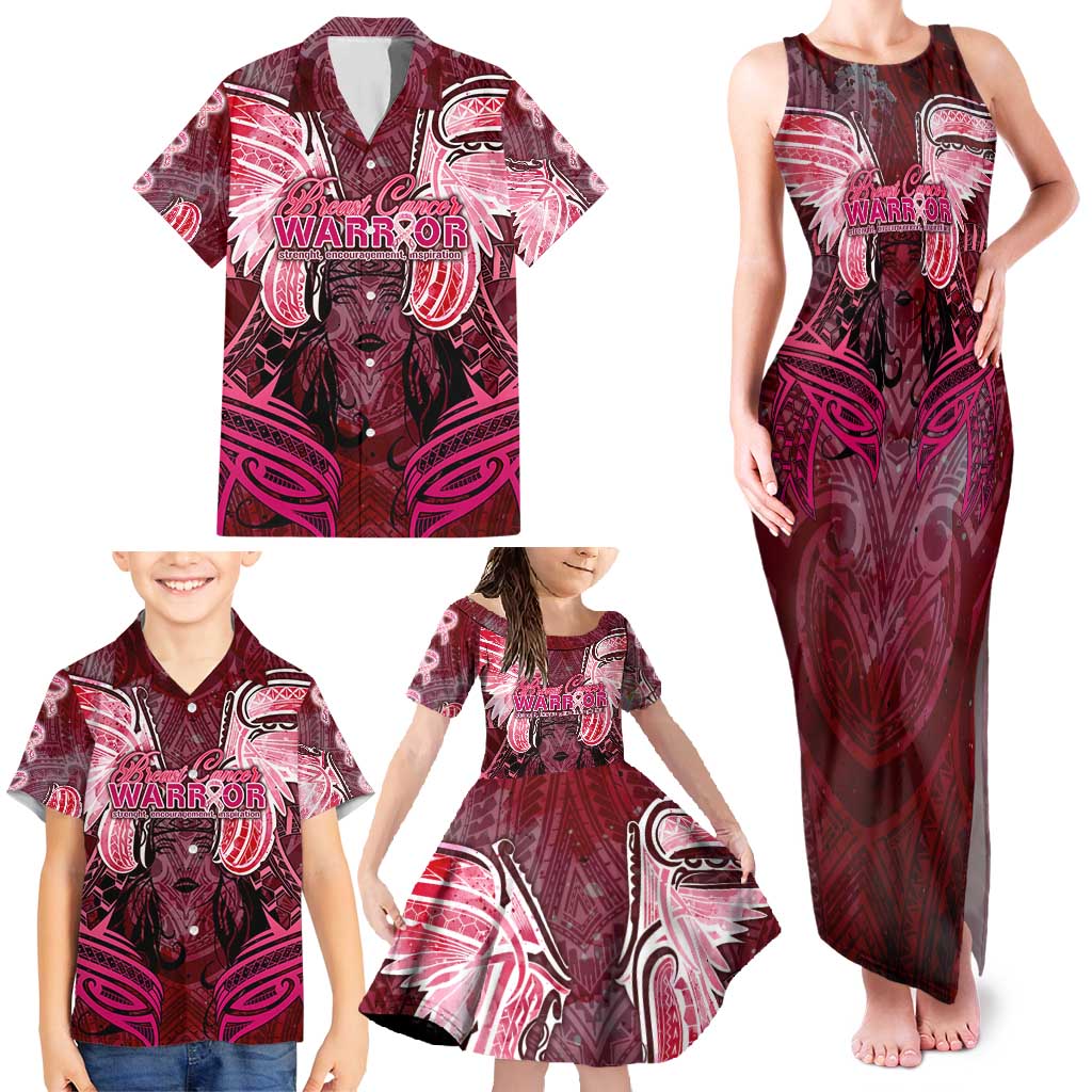 Breast Cancer Warrior Family Matching Tank Maxi Dress and Hawaiian Shirt Angel Wings Polynesian Pattern