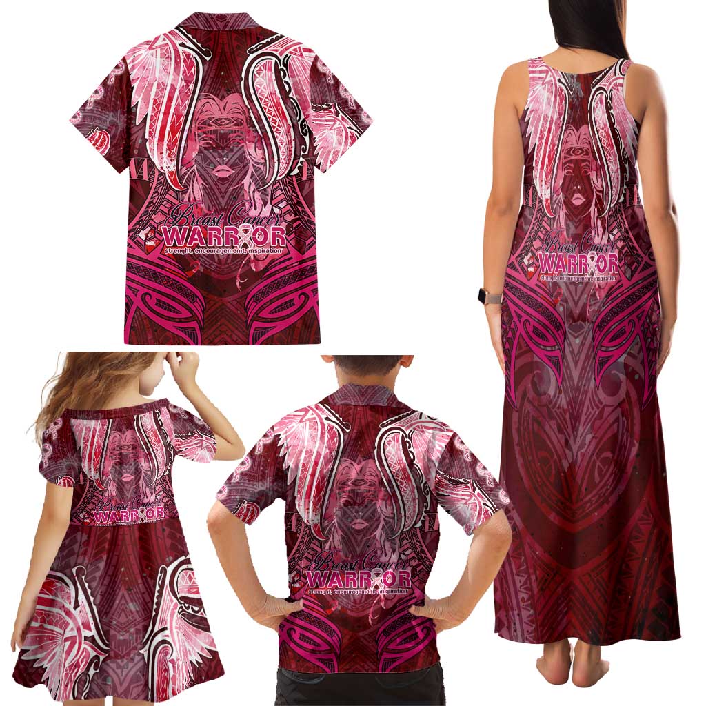 Breast Cancer Warrior Family Matching Tank Maxi Dress and Hawaiian Shirt Angel Wings Polynesian Pattern