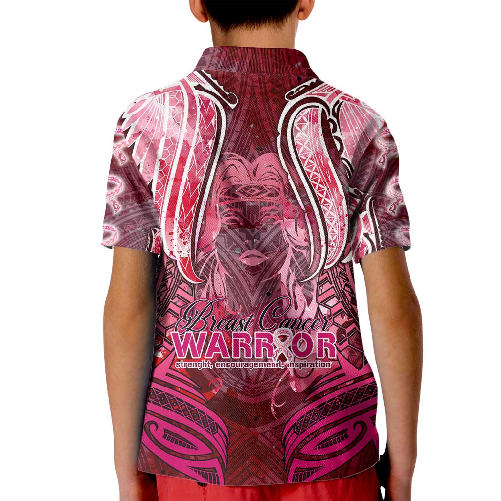 Breast Cancer Warrior Kid Polo Shirt Angel Wings Polynesian Pattern