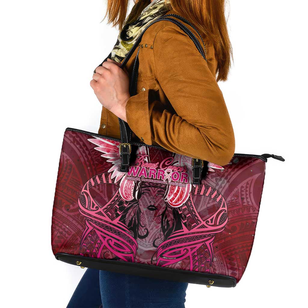 Breast Cancer Warrior Leather Tote Bag Angel Wings Polynesian Pattern