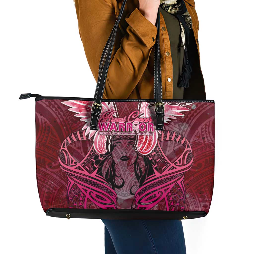 Breast Cancer Warrior Leather Tote Bag Angel Wings Polynesian Pattern