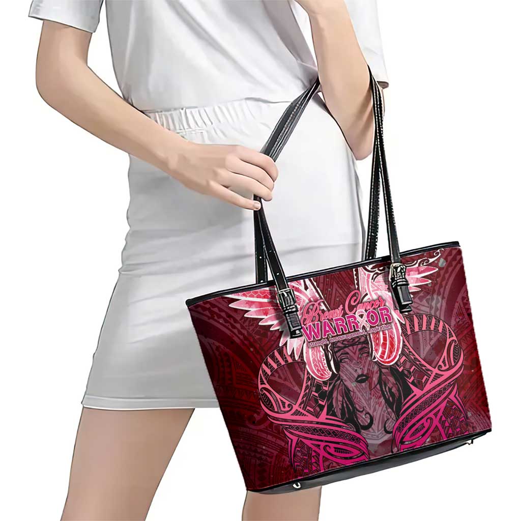 Breast Cancer Warrior Leather Tote Bag Angel Wings Polynesian Pattern