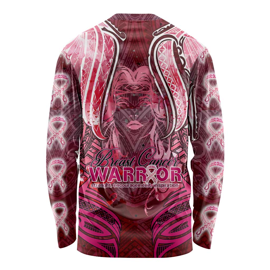 Breast Cancer Warrior Long Sleeve Shirt Angel Wings Polynesian Pattern DT02 - Polynesian Pride
