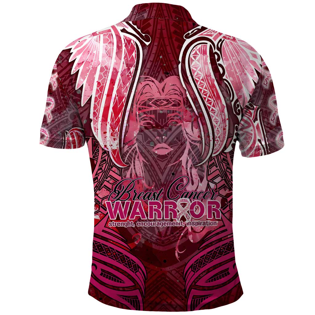 Breast Cancer Warrior Polo Shirt Angel Wings Polynesian Pattern