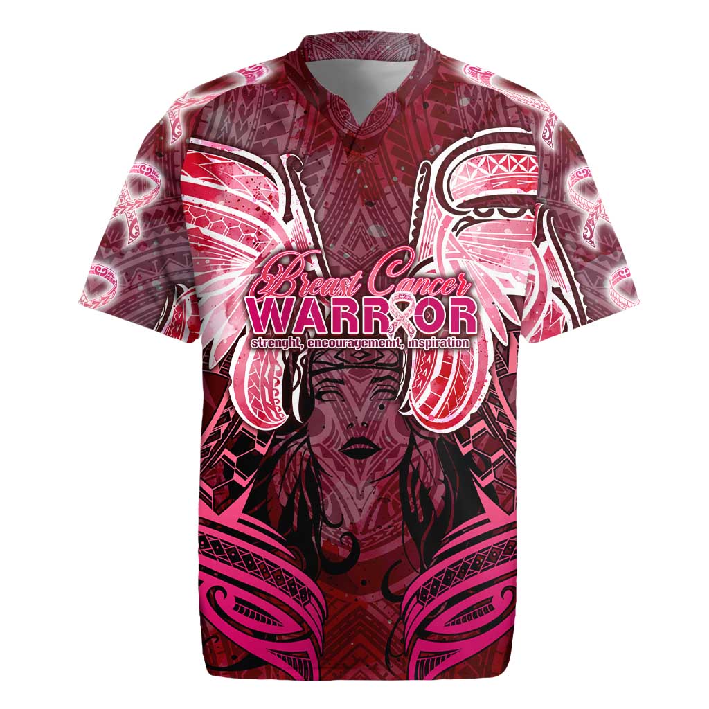 Breast Cancer Warrior Rugby Jersey Angel Wings Polynesian Pattern