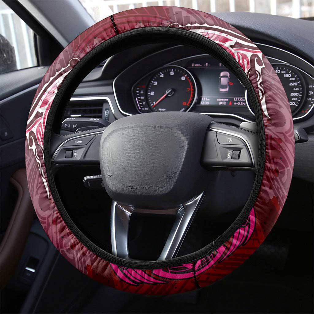 Breast Cancer Warrior Steering Wheel Cover Angel Wings Polynesian Pattern DT02 - Polynesian Pride