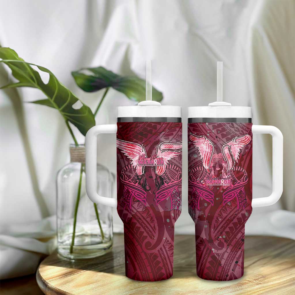 Breast Cancer Warrior Tumbler With Handle Angel Wings Polynesian Pattern