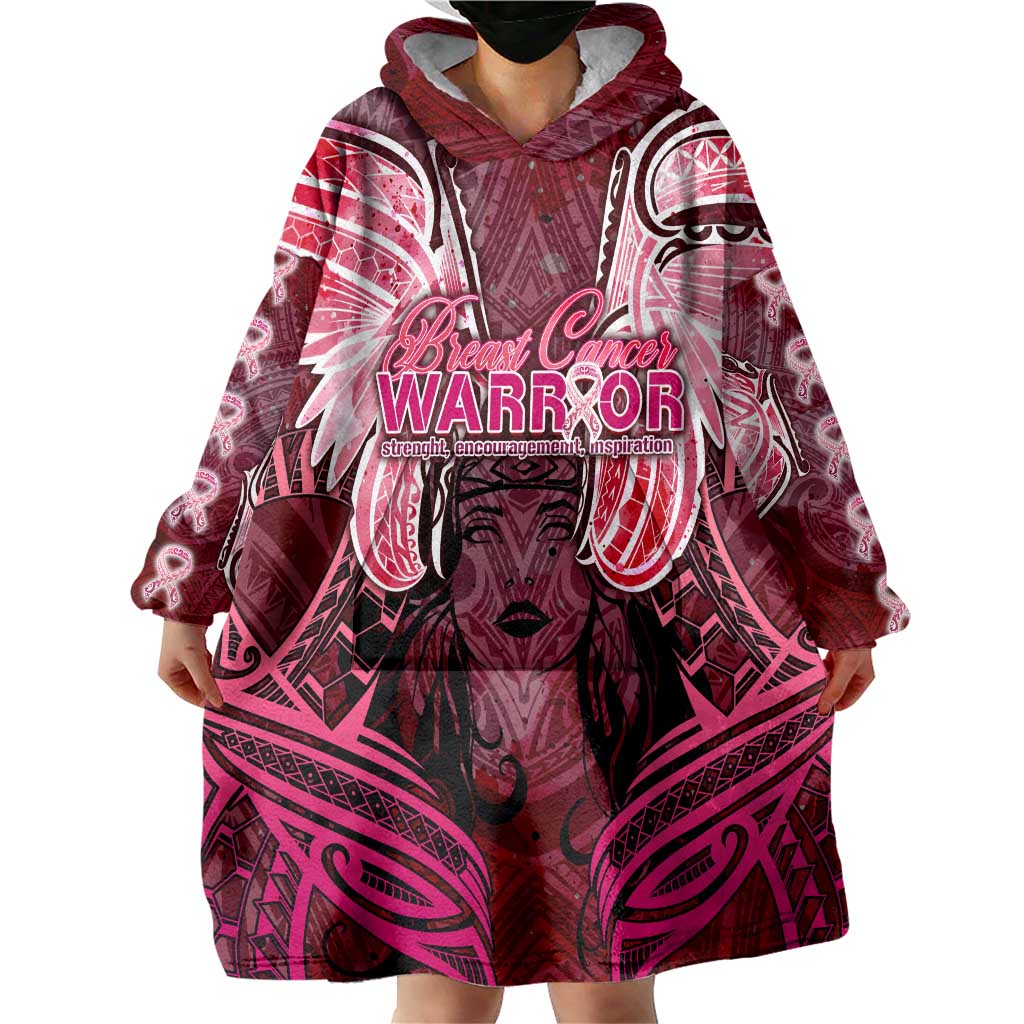 Breast Cancer Warrior Wearable Blanket Hoodie Angel Wings Polynesian Pattern DT02 - Polynesian Pride