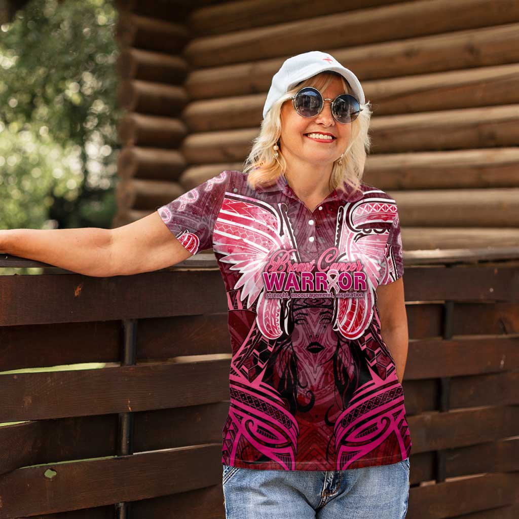 Breast Cancer Warrior Women Polo Shirt Angel Wings Polynesian Pattern