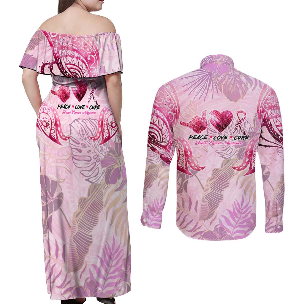 Breast Cancer Polynesian Couples Matching Off Shoulder Maxi Dress and Long Sleeve Button Shirt I Can Do All Things Through Christ DT02 - Polynesian Pride