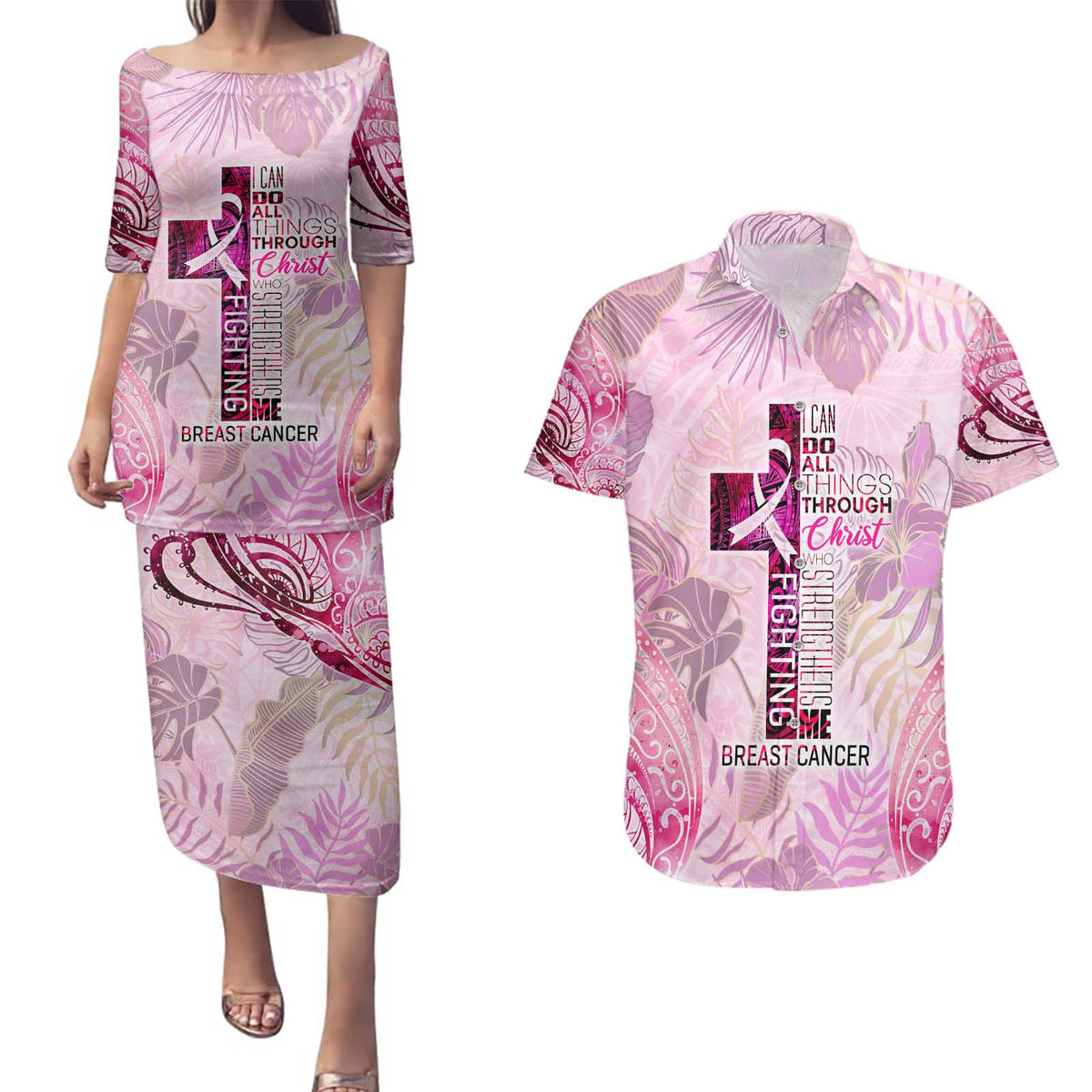 Breast Cancer Polynesian Couples Matching Puletasi and Hawaiian Shirt I Can Do All Things Through Christ DT02 Pink - Polynesian Pride