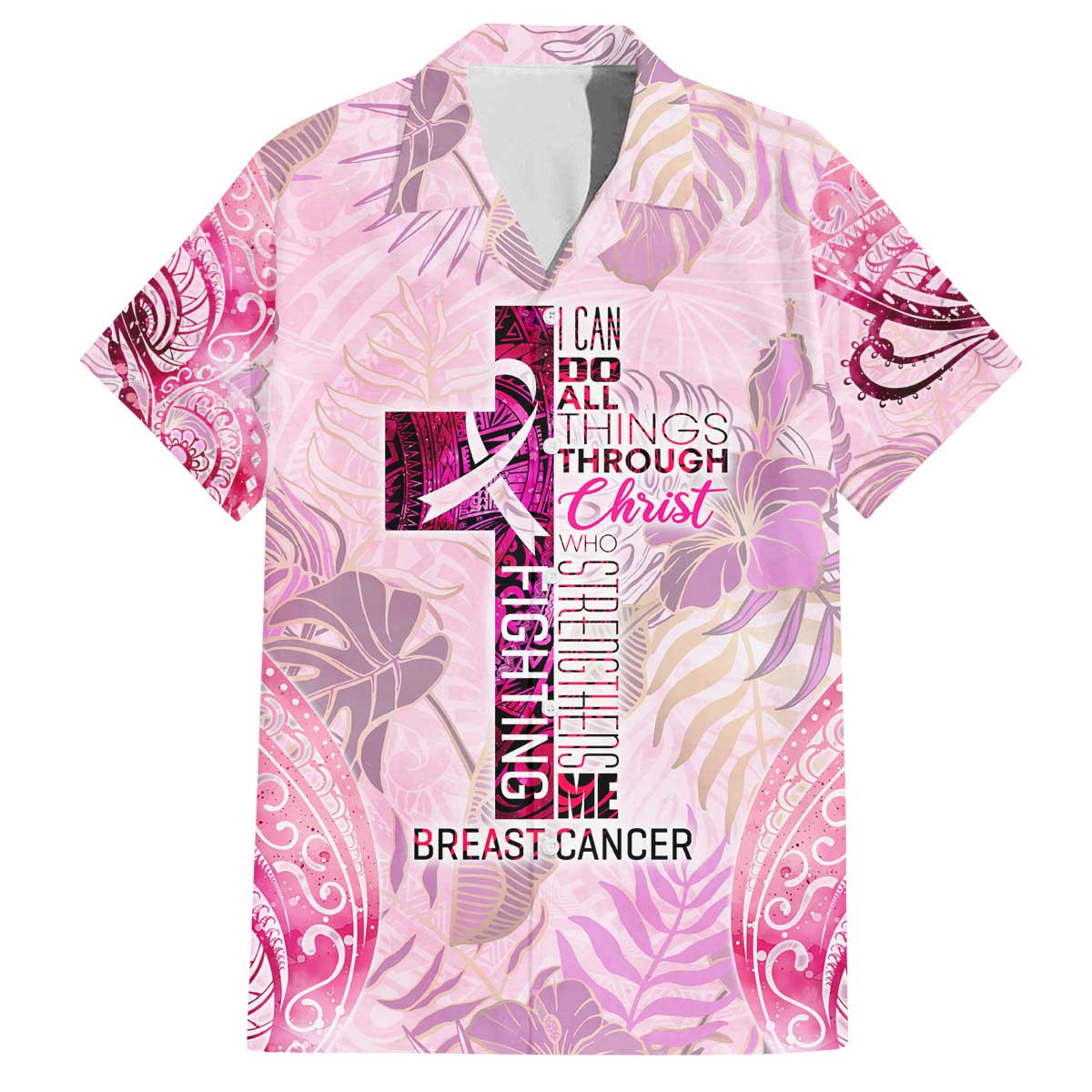 Breast Cancer Polynesian Family Matching Off The Shoulder Long Sleeve Dress and Hawaiian Shirt I Can Do All Things Through Christ