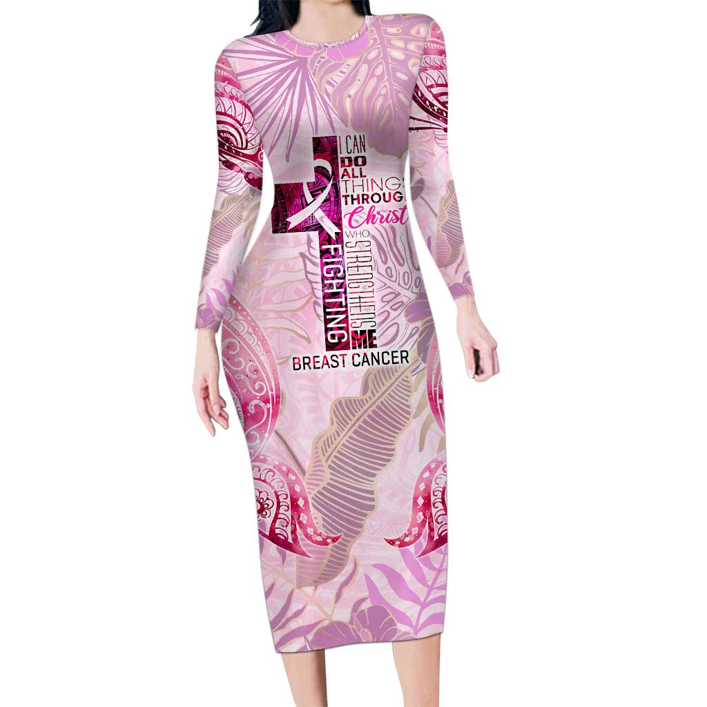 Breast Cancer Polynesian Long Sleeve Bodycon Dress I Can Do All Things Through Christ