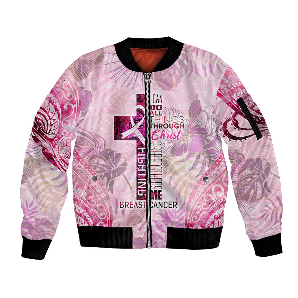 Breast Cancer Polynesian Sleeve Zip Bomber Jacket I Can Do All Things Through Christ