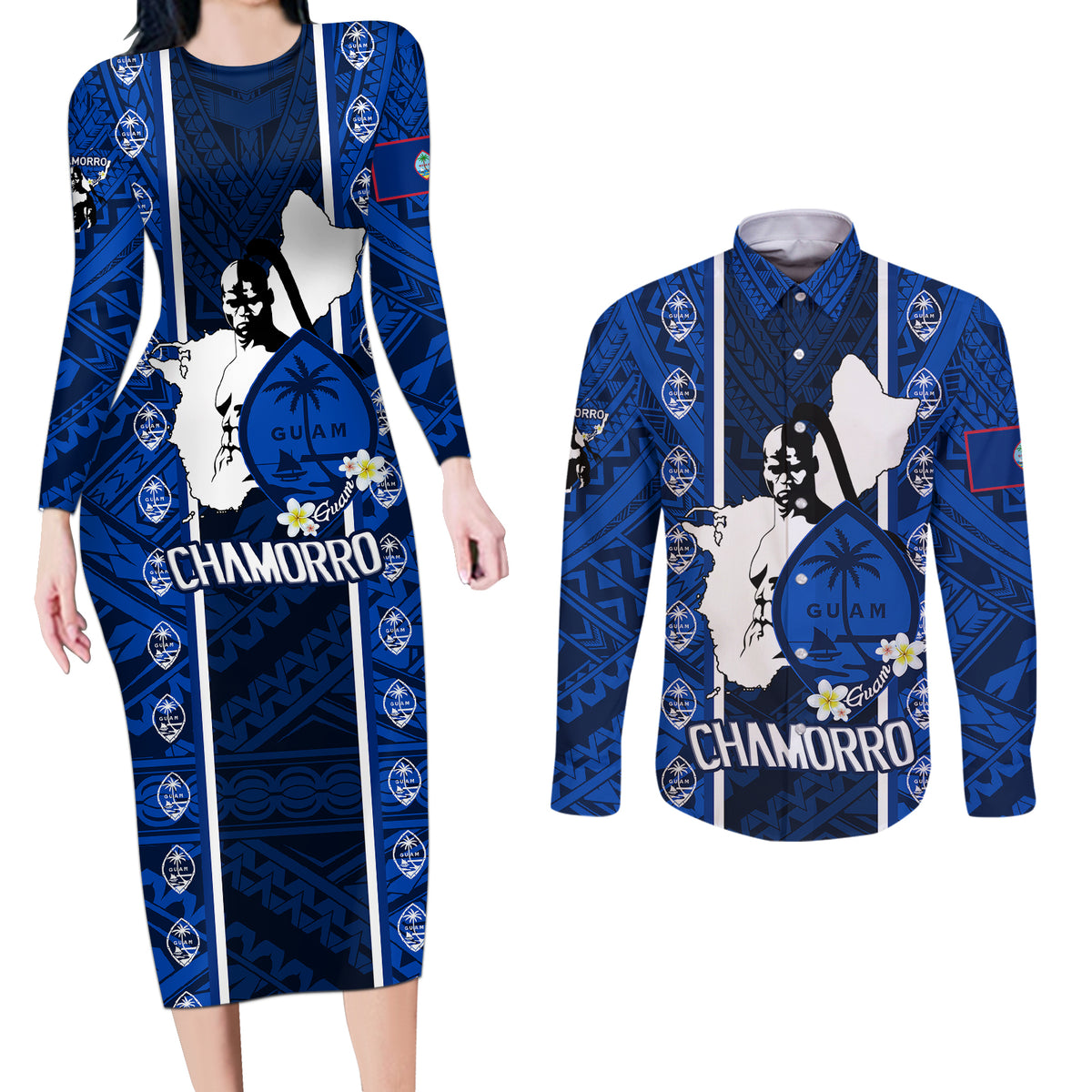 Guam Chamorro Warrior Couples Matching Long Sleeve Bodycon Dress and Long Sleeve Button Shirts Traditional Tribal Patterns DT02 Blue - Polynesian Pride