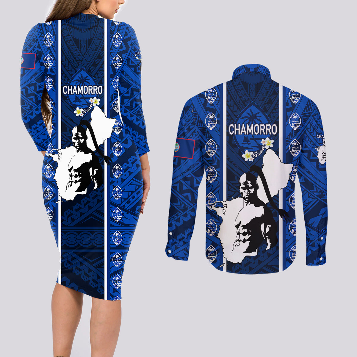 Guam Chamorro Warrior Couples Matching Long Sleeve Bodycon Dress and Long Sleeve Button Shirts Traditional Tribal Patterns DT02 - Polynesian Pride