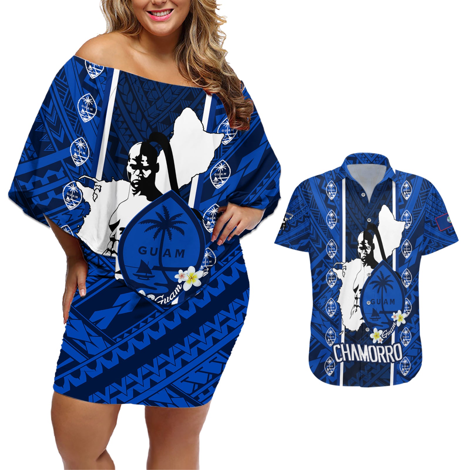 guam-chamorro-warrior-couples-matching-off-shoulder-short-dress-and-hawaiian-shirt-traditional-tribal-patterns