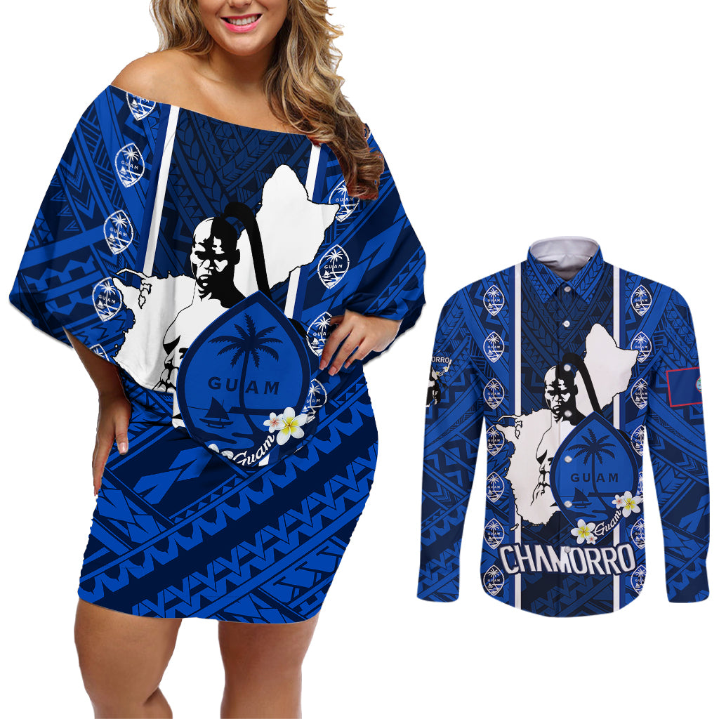 guam-chamorro-warrior-couples-matching-off-shoulder-short-dress-and-long-sleeve-button-shirts-traditional-tribal-patterns