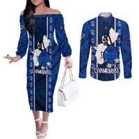 Guam Chamorro Warrior Couples Matching Off The Shoulder Long Sleeve Dress and Long Sleeve Button Shirts Traditional Tribal Patterns DT02 Blue - Polynesian Pride