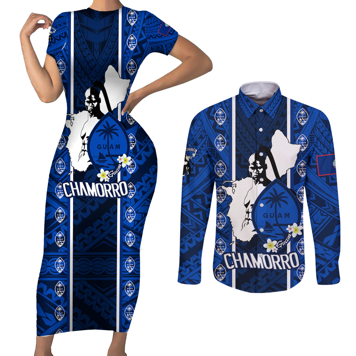 guam-chamorro-warrior-couples-matching-short-sleeve-bodycon-dress-and-long-sleeve-button-shirts-traditional-tribal-patterns