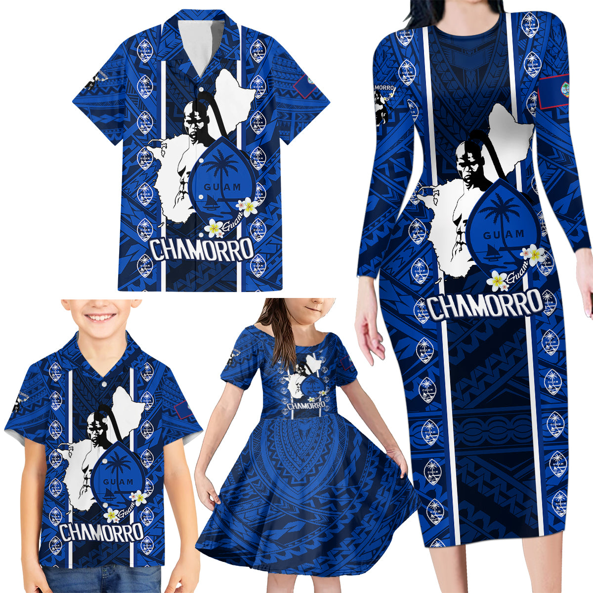 guam-chamorro-warrior-family-matching-long-sleeve-bodycon-dress-and-hawaiian-shirt-traditional-tribal-patterns