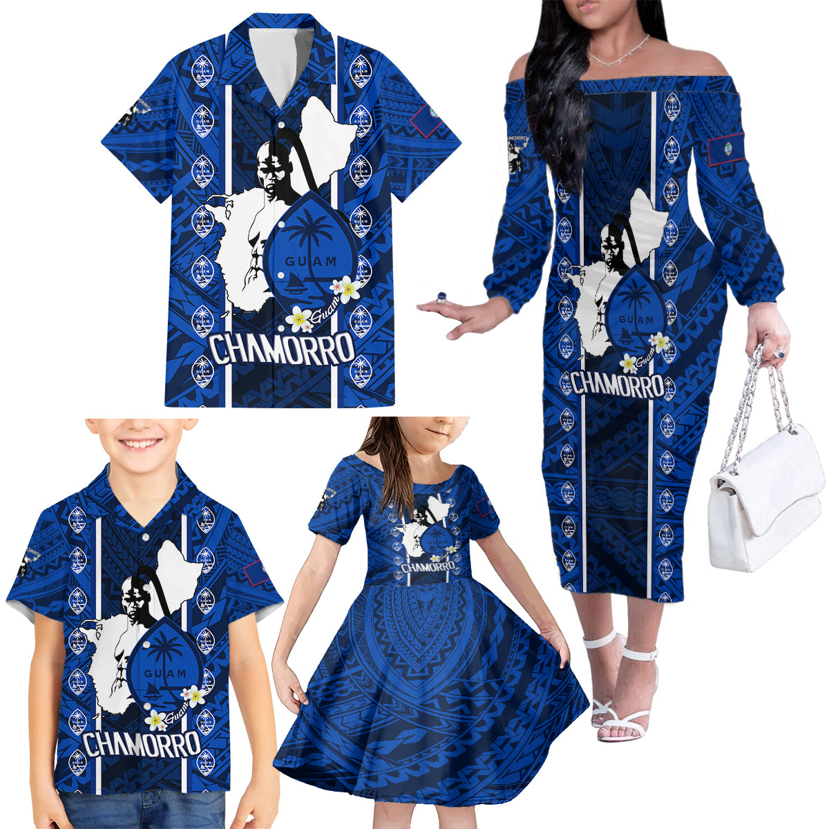 guam-chamorro-warrior-family-matching-off-shoulder-long-sleeve-dress-and-hawaiian-shirt-traditional-tribal-patterns